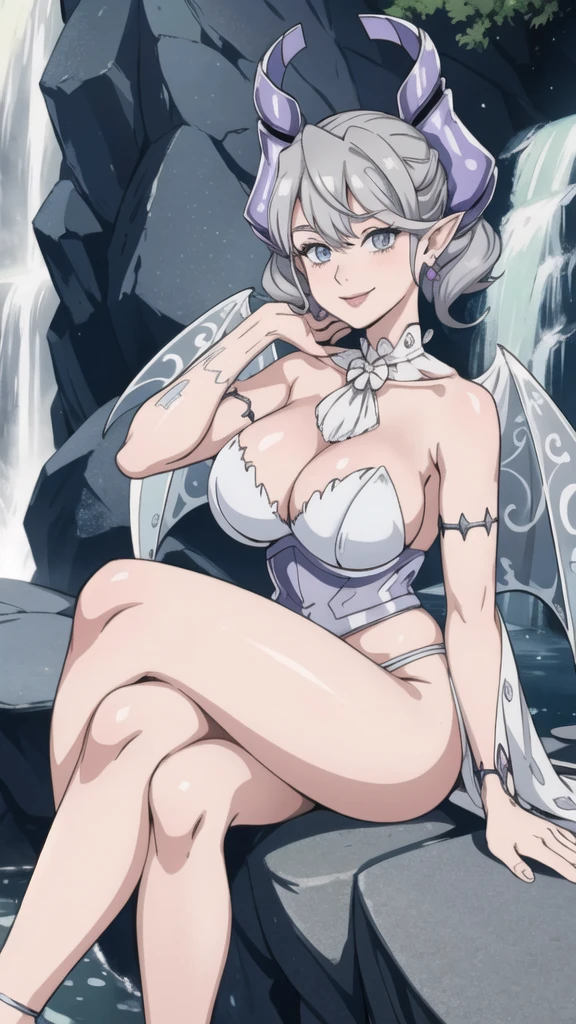 Waterfalls High level image quality best image quality 8K adult woman garden rocks outside more colors whole body view portrait wearing bikini white horn ears short hair((shortcut)(gray hair)(perm)(fluffy)) eye color is blue , , attractive evil face , smile , sexy pose , labrynth , barearm , wearing pink , big wings , sitting , crossed legs