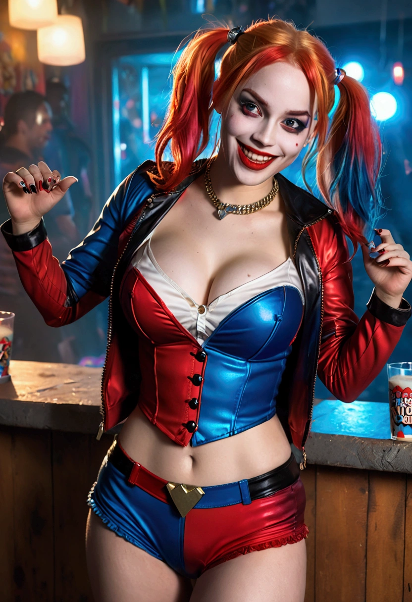 ultra realistic, photography, long red hair, girl, 24 years old, hourglass figure, perfect body, Flirty look, extremely detailed artgerm, in the style artgerm, small breasts, facing the camera, lens 35 mm, blur background, red and blue Harley Quinn costume (from the suicide squad movie), lively costume party as background, laughing