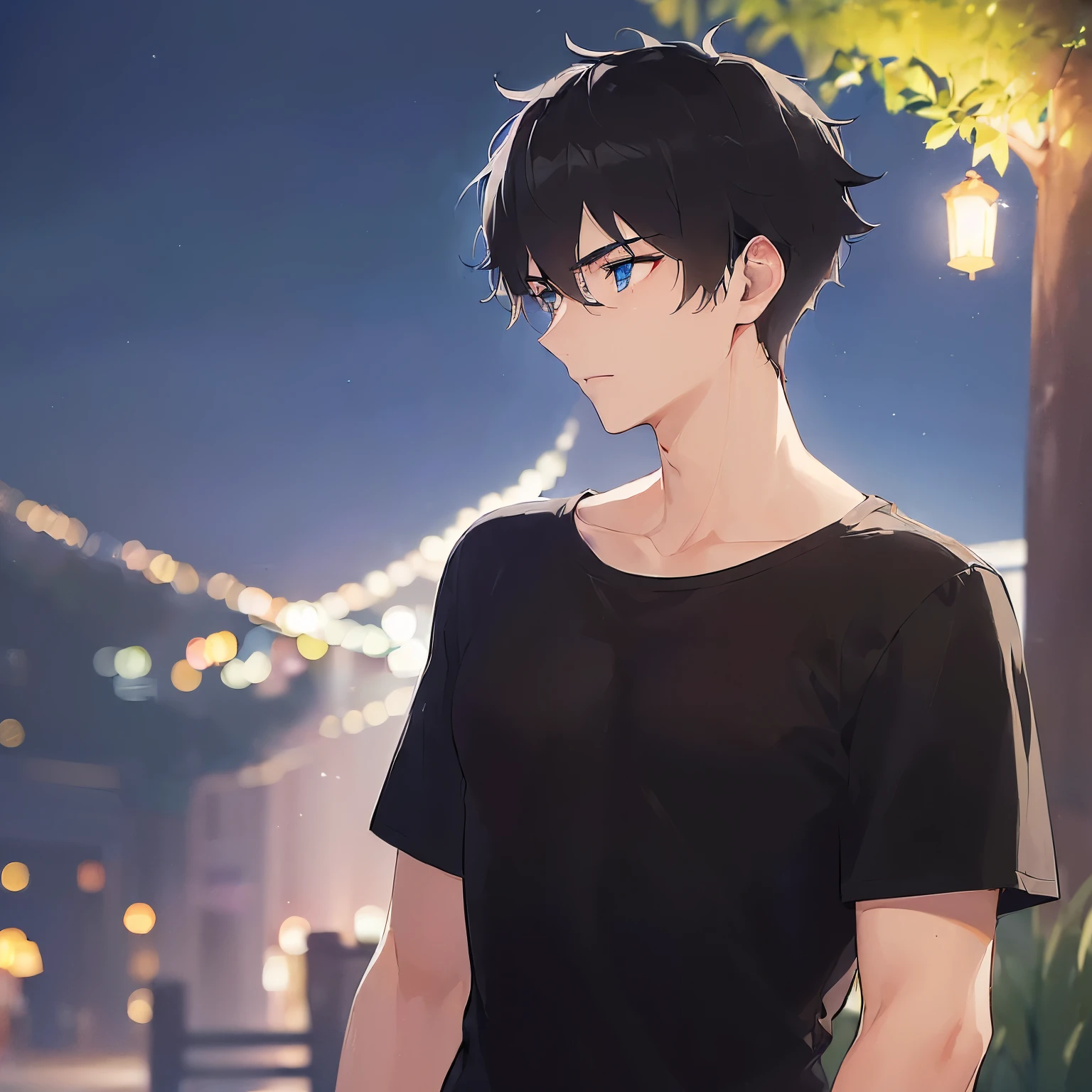 (25-year-old male:1.5) and (black short hair) and (Blue eyes) (black:1.5) and (T-shirts:1.5),(looking away:1.5),Upper Body、Side Shot、Glowing Skin, masterpiece、Highest quality,confused、(Night Park:1.5)、(Night Sky:1.5)、(grass:1.3),(alone:1.5)