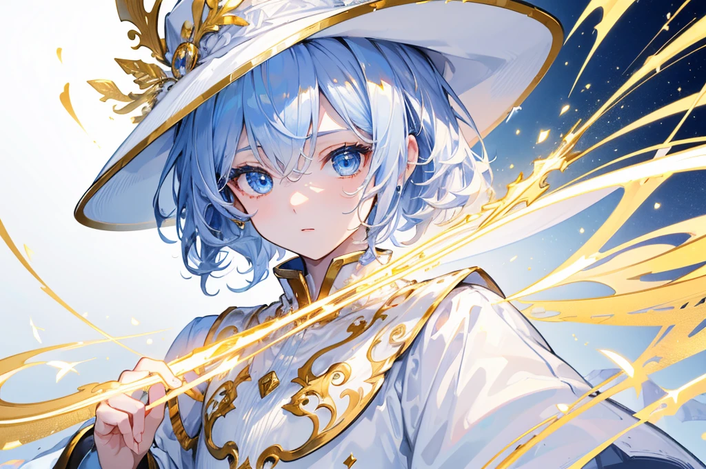 (Highest quality) (4K) (8k) (High resolution) (masterpiece:1.2) (Super detailed) One boy short hair Wizard Blue Eyes Long sleeve Golden decoration Hair between the eyes White Dress Wavy golden hair Upper Body (White Background) front Face close-up Cast a spell White hat