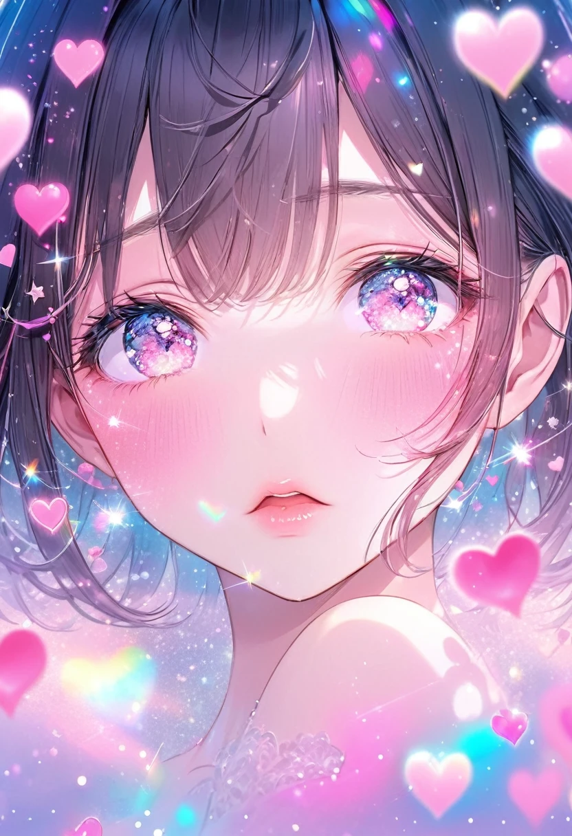 Cute Girl, face focus, kissing face, make-up, attractive and seductive expression, pink hearts effects, star effects, sound note effects, glitter effects, pastel color effects, foggy filter effects, beautiful effects, 2.5D, delicate and dynamic, great Proportions