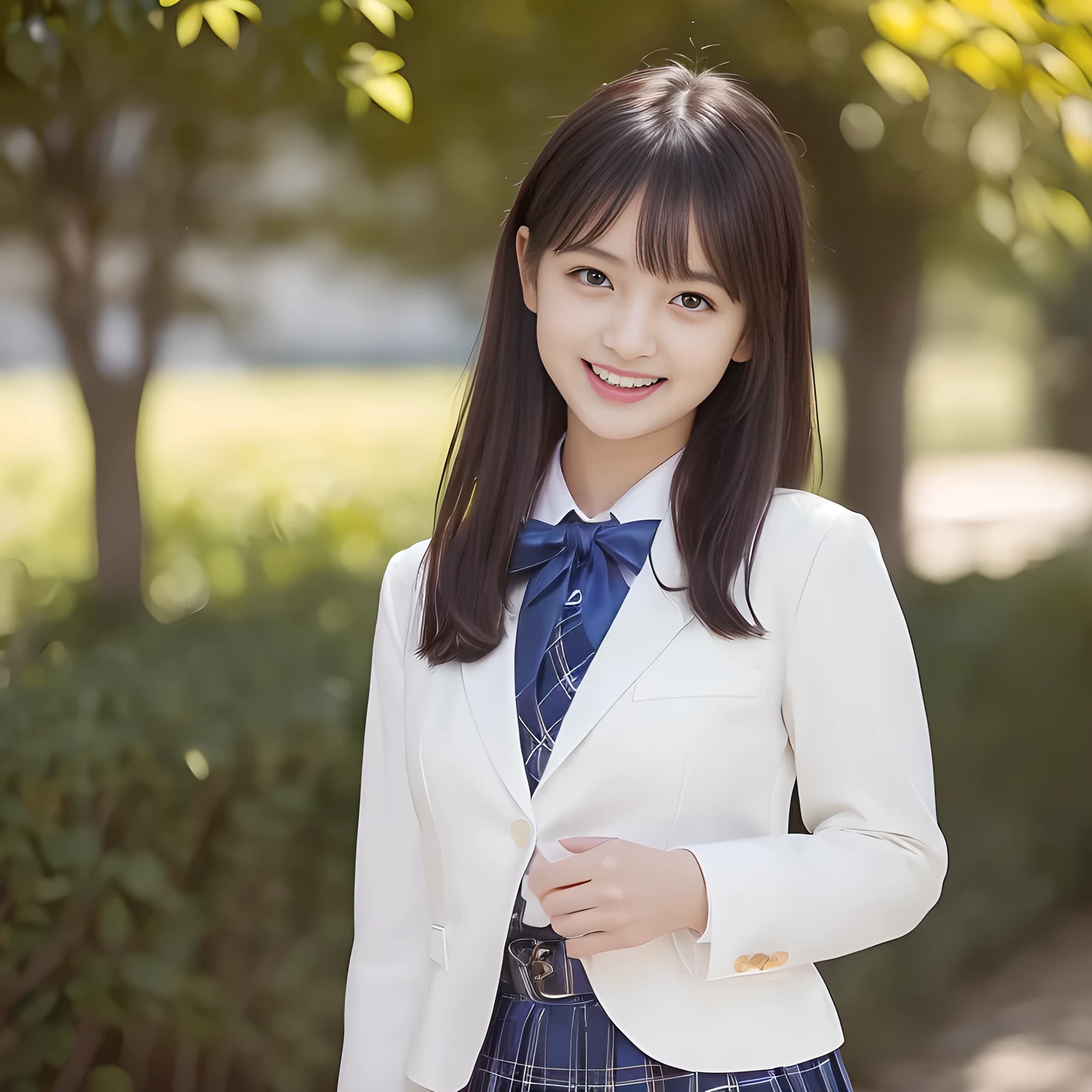 (Highest quality, masterpiece:1.2), Highest quality, High resolution, 1080P, 8k, height: 158cm, ((A noble, graceful and intelligent girl who looks like a best proportion Japanese young lady is turning around and giggling in a strong wind)), ((So sweet, very noble, neat, and pretty Japanese beautiful cute girl)), ((A real, very girly, sweet, cute and noble girl)), ((((A beautiful Japanese cute fashion model)))), ((((Very pure white face and limbs)))), Glossy Lips, (Evenly cut bangs), ((Very beautiful, droopy, cute, pure, noble brown eyes)), ((Super long, black straight hair that reaches the floor)), (Very shiny, glossy Lips), ((Beautiful straight hair like a school promotion model)), Watch at you, ((Incredibly well organized, Rich facial expressions)), ((Plump and beautiful white skin and face)), ((Pure, clear, gentle brown eyes)), ((staring at me)), Glossy Lips, ((noble and elegant)), Very beautiful blue skirt, ((Large upward-curving lips)), White Hand, ((((Navy Japanese school blazer with noble golden emblem)))), ((Navy and sapphire blue Japanese school uniform)), ((Tartan check pattern pleated long skirt)), ((Cobalt blue string chest ribbon)), ((((An ecstatic expression of boundless joy)))), ((plain white background)), ((perfect body)), (((hair beauty magazine for young girls)))