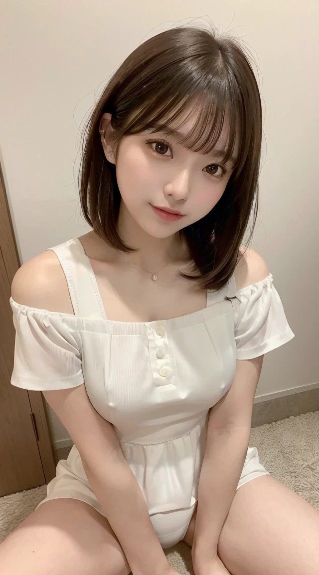 (Best picture quality, 8K, 32K, Masterpiece, Best picture quality, Realistic)),Medium hair, Short bangs, (Small breasts,Wearing short-sleeved dress: 1.3), Selfie, (Sitting, spread legs, Underwear visible: 1.4), Idol, Room
