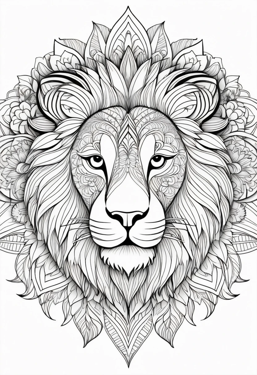 A striking black and white line art coloring page designed for adults with white background, featuring a majestic Lion in a mandala-inspired style. The Lion is adorned with intricate patterns that include floral and geometric designs, making it an engaging and detailed work of art. The illustration focuses on crisp, clean lines and bold outlines, without any shading or color, allowing the user to bring their own vibrancy to the piece. The minimalistic design, with its thick lines and absence of background details, creates a soothing coloring experience for adults seeking calming and creative activities. illustration