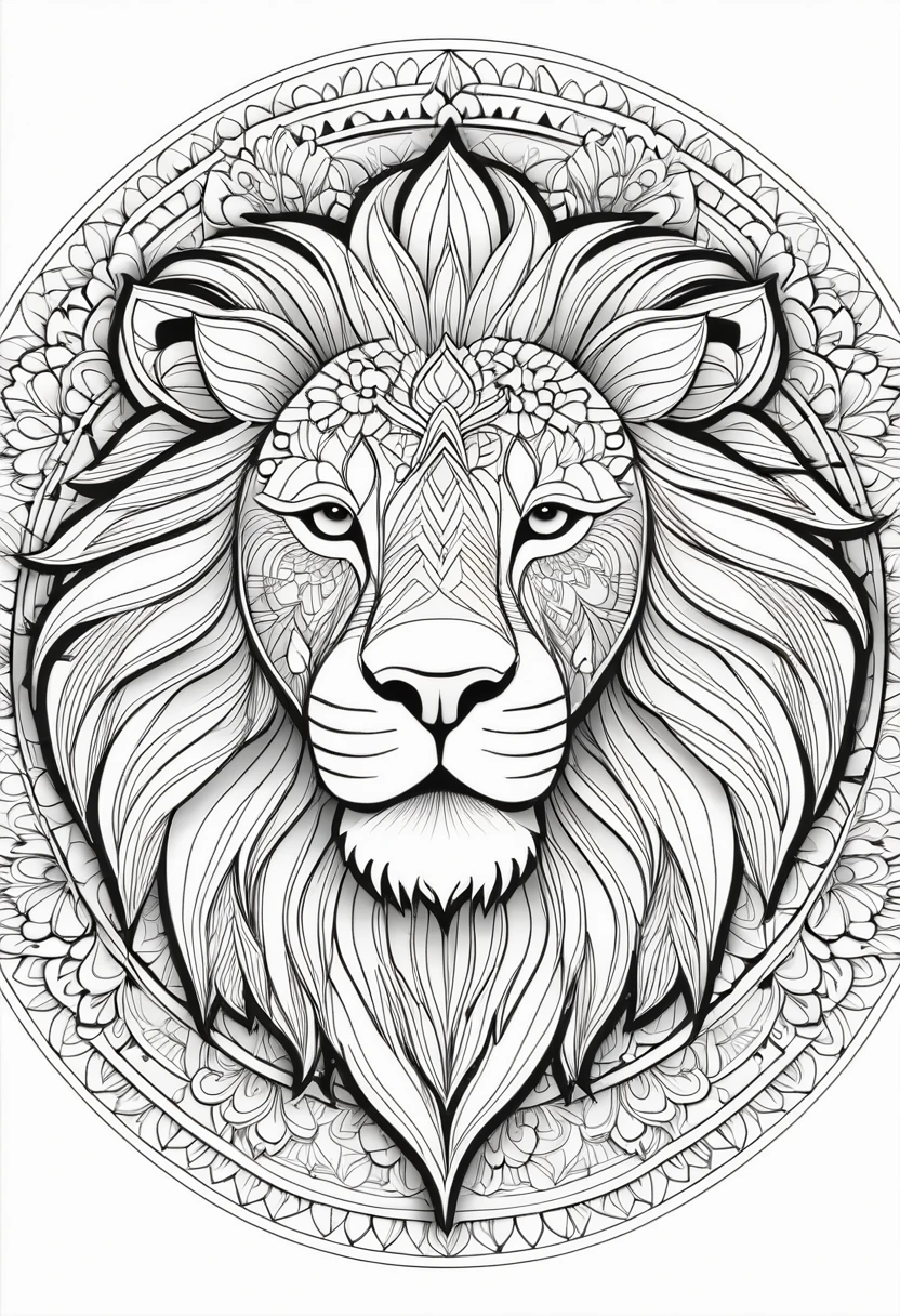 A striking black and white line art coloring page designed for adults with white background, featuring a majestic Lion in a mandala-inspired style. The Lion is adorned with intricate patterns that include floral and geometric designs, making it an engaging and detailed work of art. The illustration focuses on crisp, clean lines and bold outlines, without any shading or color, allowing the user to bring their own vibrancy to the piece. The minimalistic design, with its thick lines and absence of background details, creates a soothing coloring experience for adults seeking calming and creative activities. illustration