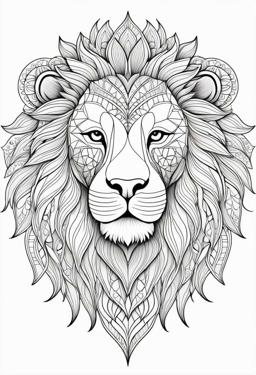 A striking black and white line art coloring page designed for adults with white background, featuring a majestic Lion in a mandala-inspired style. The Lion is adorned with intricate patterns that include floral and geometric designs, making it an engaging and detailed work of art. The illustration focuses on crisp, clean lines and bold outlines, without any shading or color, allowing the user to bring their own vibrancy to the piece. The minimalistic design, with its thick lines and absence of background details, creates a soothing coloring experience for adults seeking calming and creative activities. illustration
