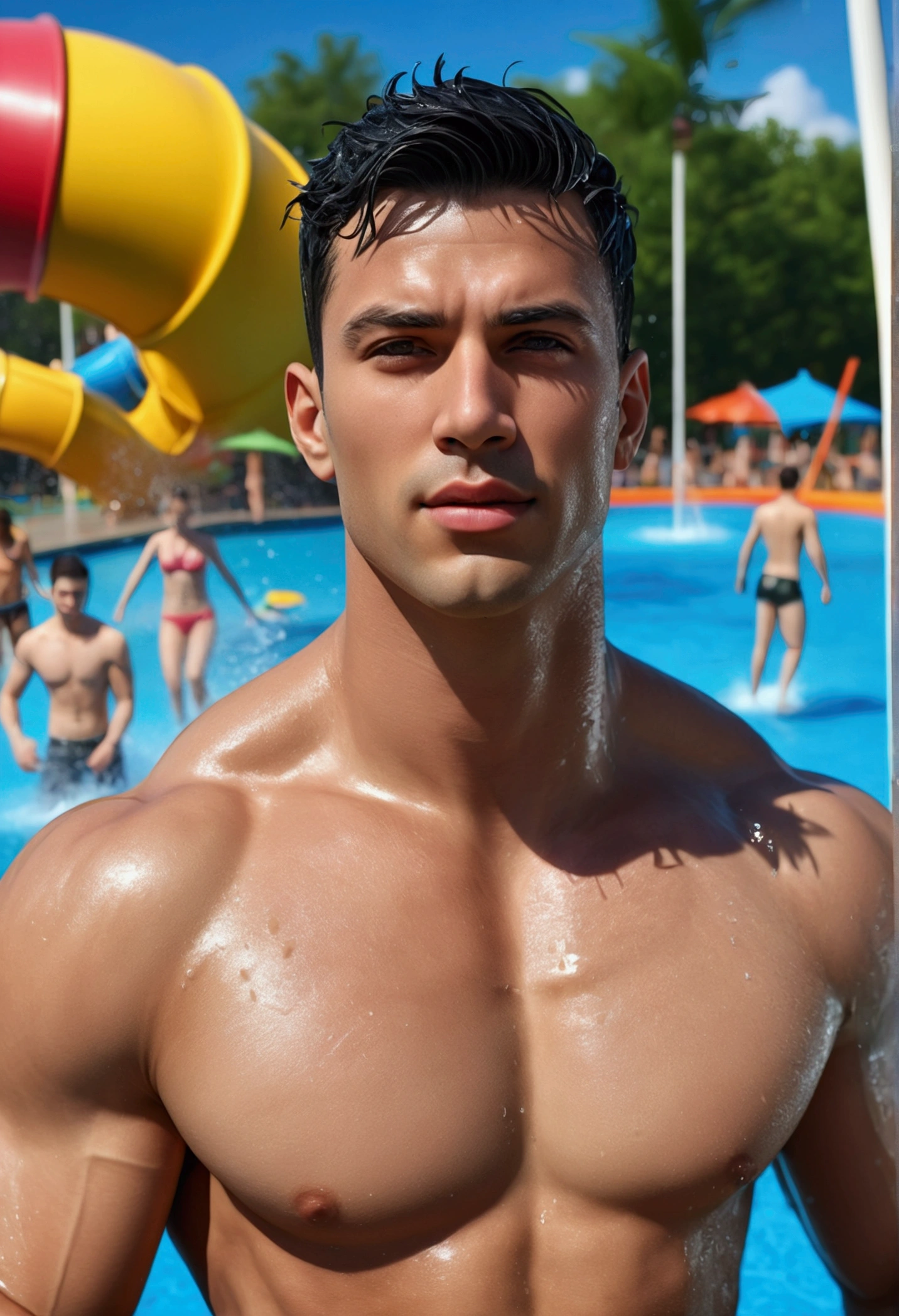 a muscular shirtless man with short black hair, athletic build, standing in a water park, water splashing around him, detailed facial features, beautiful detailed eyes, beautiful detailed lips, extremely detailed face and body, (best quality,4k,8k,highres,masterpiece:1.2),ultra-detailed,(realistic,photorealistic,photo-realistic:1.37),sharp focus,physically-based rendering,professional,vivid colors,water park,swimming pool,summer,tropical,sunny day,blue sky,clouds