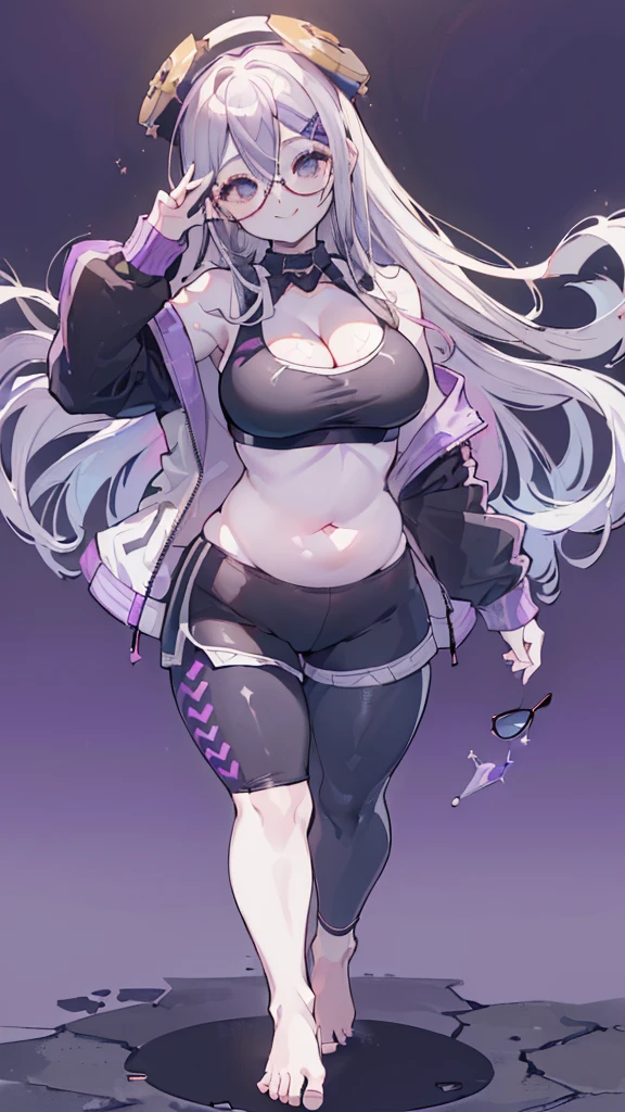 cement wall, Beautiful shades, (standing:1.5), city background, sunlight reflection, morning, soft shading, Dynamic Pose Dynamic Angle, [ 4k digital art ]!!,(big bust, prominent cleavage:1.5), (Black eyes with a slight purple tint:1.5), (a devastated expression, dead eyes, dark atmosphere:1.5), (Very white and long hair with a bluish tint, weak perm:1.5), (sports bra, extra long sports jacket, hot pants, :1.5), (bare foot, round-rimmed glasses:1.5), (Aegyo belly fat:1.5), (smiling faintly:1.5),