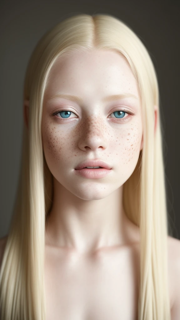 An exquisite portrait of 1 albino woman with deep and clear skin, a photograph captured in stunning 8k resolution and raw format to preserve the highest quality of details. The beauty of women is undeniable, her face commanding the frame in a close-up that reveals the intricate details of her eyes. She wears a dress that complements her radiant skin, and her eyes are portrayed with meticulous attention to detail, showing a captivating depth within. The photograph is taken with a lens that emphasizes the challenge of your gaze, and the backdrop is a dark studio environment that brings out the soft colors of the scene. Lighting and shadows are expertly crafted to highlight the richness of your skin tone and the subtle nuances of your features... Your blonde hair, with its distinct shadow, adds a touch of warmth and contrast against your skin. The interior ambiance adds a sense of intimidation, while the freckles on her albino skin tell their own story. The overall composition captures its essence with traditions and grace, creating a portrait that is a celebration of your heritage and beauty. Photography by challenge512, using the best shadow and lighting techniques, to create a mesmerizing portrait that transcends the visual.