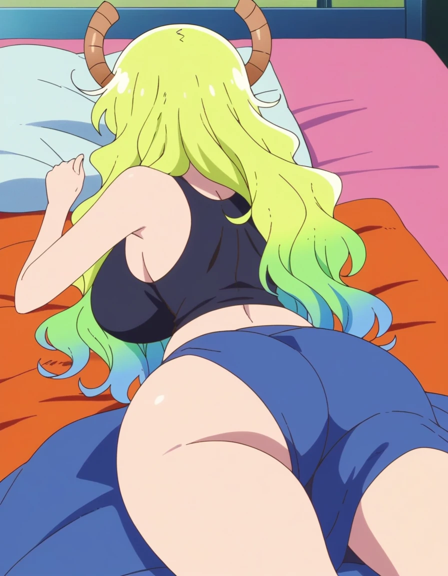 score_9, score_8_up, score_7_up, source_anime,masterpiece,best quality,highres,absurdres,official art,official style,source_anime,anime screencap,anime coloring,megami magazine,anime,animated,explicit, shiny skin,large breasts,lucoa (maidragon), multicolored hair, blonde hair, green hair, gradient hair,dragon girl, horns, ((huge breasts)), ((huge butt)), ((very drunk)), ((staggers)), ((agitated)), cleavage, tank top, ((lying in bed)),