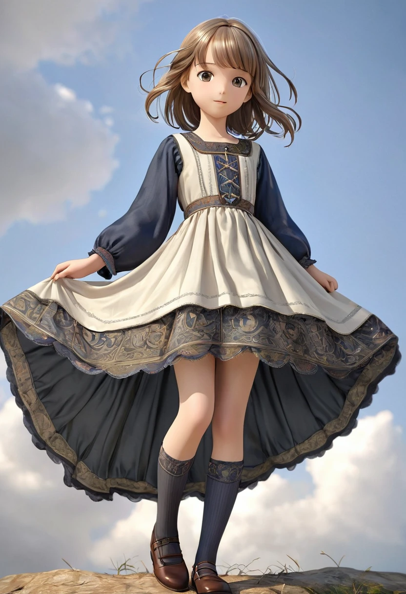 10 year old girl underwear, Realistic panties made from patterned cotton fabric, Medieval one-piece dress with panniers, Fabric Realism, Low - Angle, You can see the drawer, Pull up the dress by hand, Strong winds, Translucent slip, Translucent slip, tights, Highest quality, Crotch close-up, whole body
