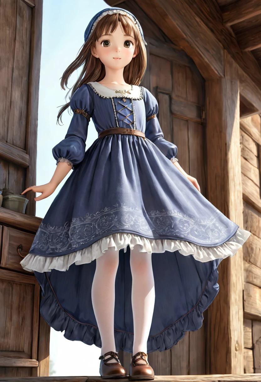 10 year old girl underwear, Realistic panties made from patterned cotton fabric, Medieval one-piece dress with panniers, Fabric Realism, Low - Angle, You can see the drawer, Pull up the dress by hand, Strong winds, Translucent slip, Translucent slip, tights, Highest quality, Crotch close-up, whole body
