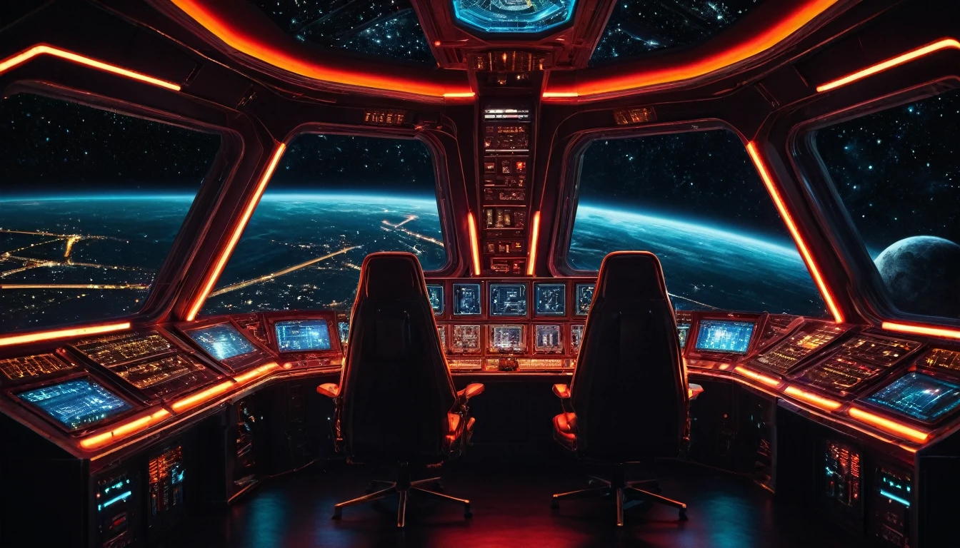 (masterpiece),(highest quality), highres, (extremely detailed), (best lighting) View from drivers seat, Spaceship cockpit, spaceship controls, black outer space background though the window, black starry background, classy leather chair, neon lights, sovietpunkai, Soviet Emblem logo, Soviet aesthetic, Symmetrical environment, spaceship bridge, realistic, crisp image quality