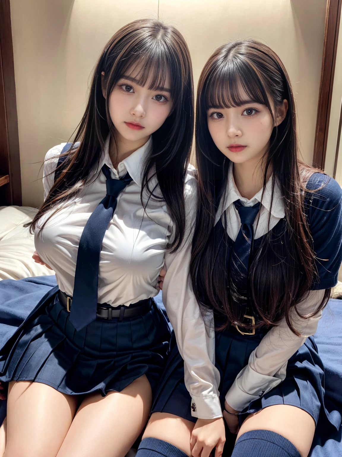 (8K, Raw photography, top-quality, masterpiece:1.2), master piece, best quality, illustration, Super detailed, fine details, High resolution, 8K,wall paper, perfect dynamic composition,(Details High quality, realistic depiction of eyes:1.3), ((2 girls, 2 schoolgirls)), The background is a luxury hotel room、High school girl uniform、Super Short Check Uniform Skirt、Navy blue high socks、garterbelts、Colossal tits、Disturbed uniform, Play with each other,Touching each other's bodies,Touching the body of the girl next door, short bob hair, black hair color, huge breasts, Big Natural Color Lip, bold sexy pose, (perfect body shape), crying a little、cold gaze, Beautiful makeup,glitter makeup,Cutest 18 years old, beautiful legs, hposing Gravure Idol, Voluptuous thighs