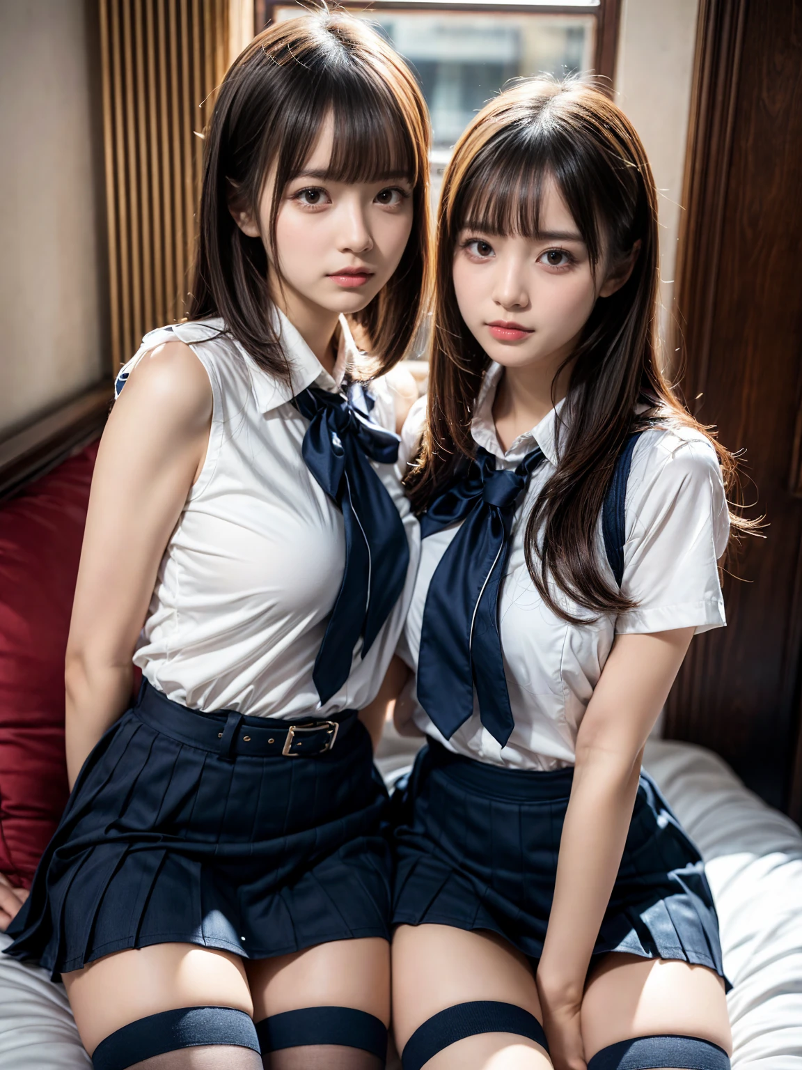 (8K, Raw photography, top-quality, ​masterpiece:1.2), master piece, best quality, illustration, Super detailed, fine details, High resolution, 8K,wall paper, perfect dynamic composition,(Details High quality, realistic depiction of eyes:1.3), ((2 girls, 2 schoolgirls)), The background is a luxury hotel room、High school girl uniform、Super Short Check Uniform Skirt、Navy blue high socks、garterbelts、Colossal ????、Disturbed uniform, Play with each other,Touching each other's bodies,Touching the body of the girl next door, short bob hair, black hair color, ????????????, Big Natural Color Lip, bold ???? pose, (perfect body shape), crying a little、cold gaze,  Beautiful makeup,glitter makeup,Cutest 18 years old, beautiful legs, hposing Gravure Idol, Voluptuous thighs