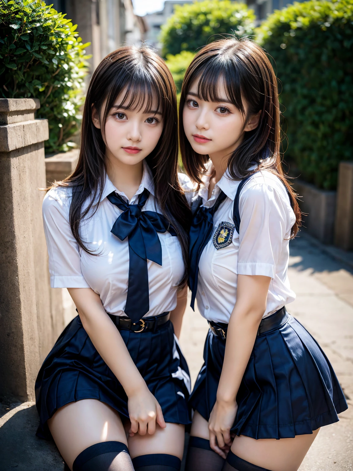 (8K, Raw photography, top-quality, masterpiece:1.2), master piece, best quality, illustration, Super detailed, fine details, High resolution, 8K,wall paper, perfect dynamic composition,(Details High quality, realistic depiction of eyes:1.3), ((2 girls, 2 schoolgirls)), The background is a luxury hotel room、High school girl uniform、Super Short Check Uniform Skirt、Navy blue high socks、garterbelts、Colossal tits、Disturbed uniform, Play with each other,Touching each other's bodies,Touching the body of the girl next door, short bob hair, black hair color, huge breasts, Big Natural Color Lip, bold sexy pose, (perfect body shape), crying a little、cold gaze, Beautiful makeup,glitter makeup,Cutest 18 years old, beautiful legs, hposing Gravure Idol, Voluptuous thighs