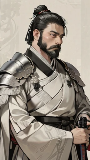 Oriental、Men in ancient Chinese costumes、(ancient chinese hairstyle male)、As seen in the Romance of the Three Kingdoms々military commander、Highest quality、masterpiece、Ultra-high resolution、(Realistic:1.4)、Game Poster、Crisp and beautiful image quality、Long beard、Embroidered cloth wrapped around a bun、whole body ,(Metal Armor, metal dragon head on the shoulder, Holding a sword, (Skin of color, ),(long heavy black beard):1.2), (Metal Armor with intricate pattern:1.2), gloves, Long trousers, (Very detailed, bloom:1.5), (Highest quality, Concept Art, 4K), (analog:1.2), (high sharpness), (Detailed pupil:1.1), (Painting:1.1), (digital Painting:1.1), Detailed face and eyes, masterpiece, Highest quality, (Very detailed写真:1.1), 8k, photoRealistic, (Black Hair, Dynamic Short Hair), (PurerosFace_v1:0.2), [:(Detailed face:1.2):0.2], sharp, Realistic, Realistic Shadow, 