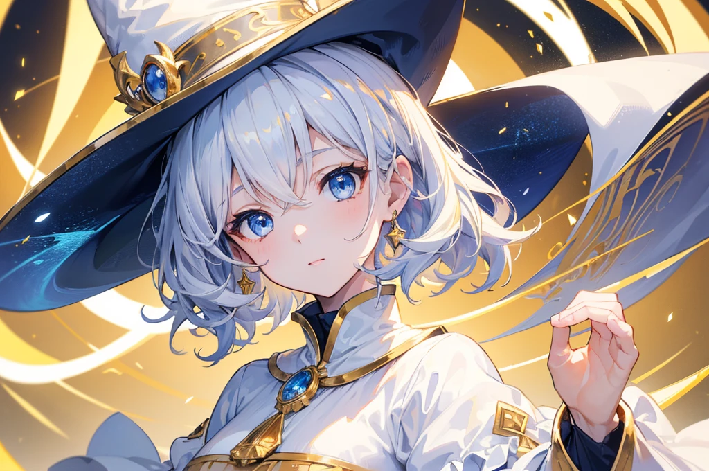 (Highest quality) (4K) (8k) (High resolution) (masterpiece:1.2) (Super detailed) One girl short hair witch Blue Eyes Long sleeve Golden decoration Hair between the eyes White Dress Wavy golden hair Upper Body (White Background) front Face close-up Cast a spell White hat