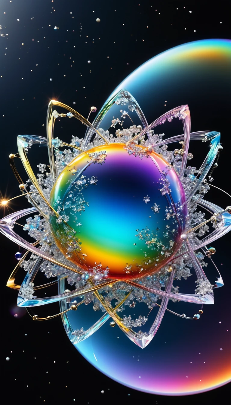 Highest quality, Super Fine, 16K, delicate and dynamic, The world of the planet with the largest absolute zero image in the universe, Freeze and swallow everything, atom, molecular, suspension, beautiful crystals, Shiny rainbow effect