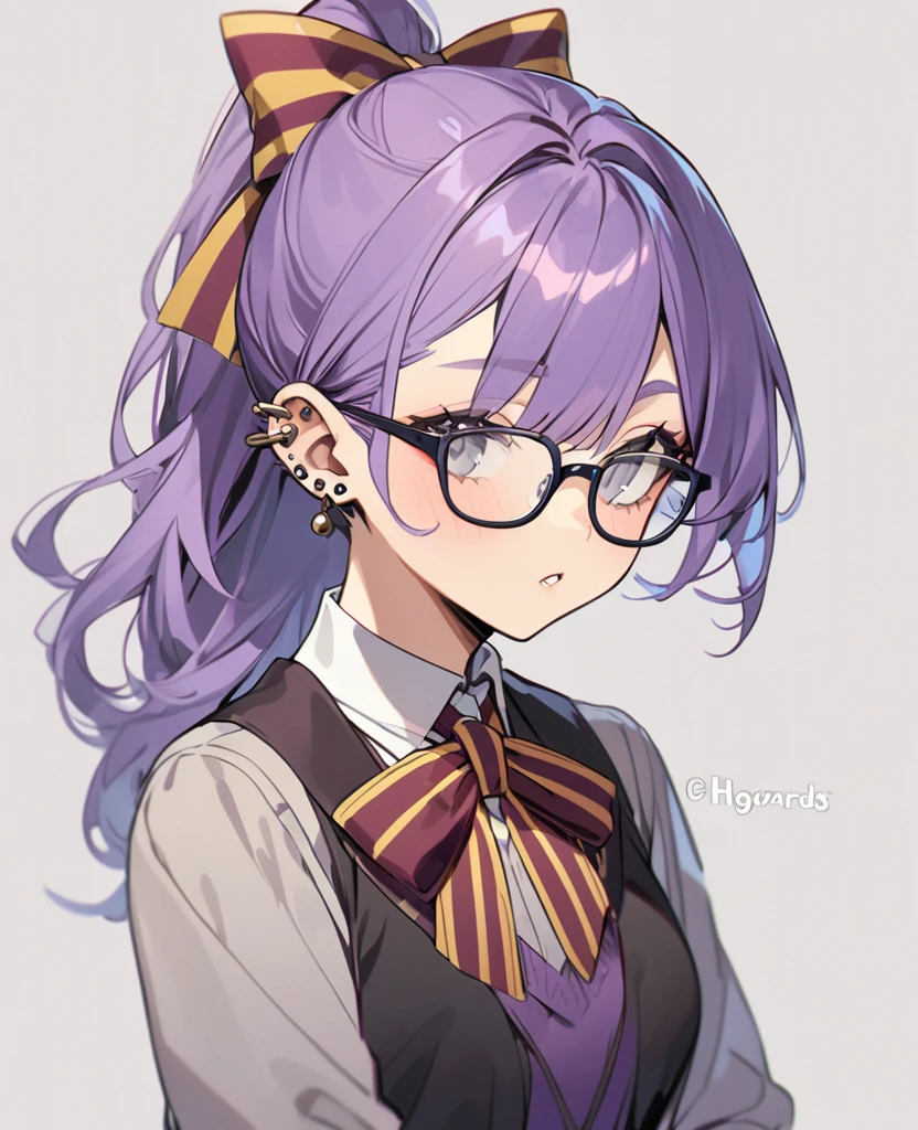 Female,5'5,glasses ,pierced ears,light skin,grey eyes,purple long hair in a high ponytail ,hogwards uniform