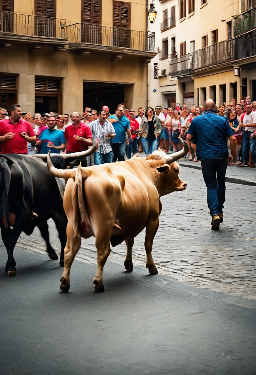 a high quality professional photo of bulls in the streets of Pamplona, hyper detailed, funny, crazy, dangerous, 8k resolution, humorous artwork, chaotic scene, vibrant colors, exaggerated features, dynamic composition, motion blur, exaggerated expressions, comical, surrealistic interpretation, crowded environment, fantasy realism