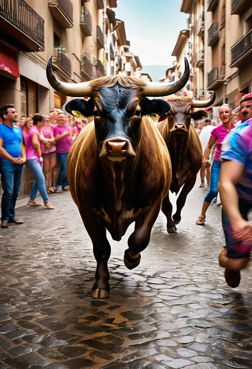 a high quality professional photo of bulls in the streets of Pamplona, hyper detailed, funny, crazy, dangerous, 8k resolution, humorous artwork, chaotic scene, vibrant colors, exaggerated features, dynamic composition, motion blur, exaggerated expressions, comical, surrealistic interpretation, crowded environment, fantasy realism