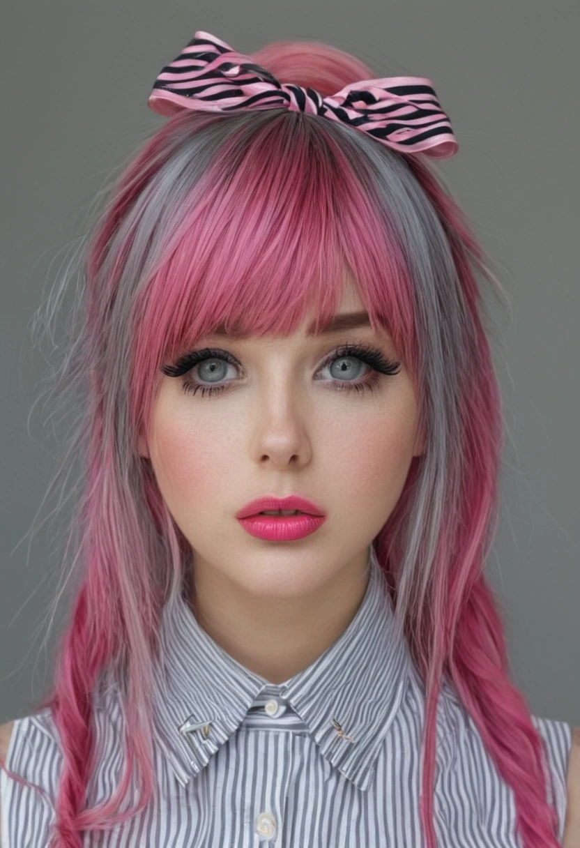 bellissima 1girl, solo, long hair, looking at viewer, bangs, shirt, bow, upper body, pink hair, hair bow, sleeveless, striped, nail polish, lips, head tilt, grey eyes, eyelashes, makeup, lipstick, striped shirt, realistic