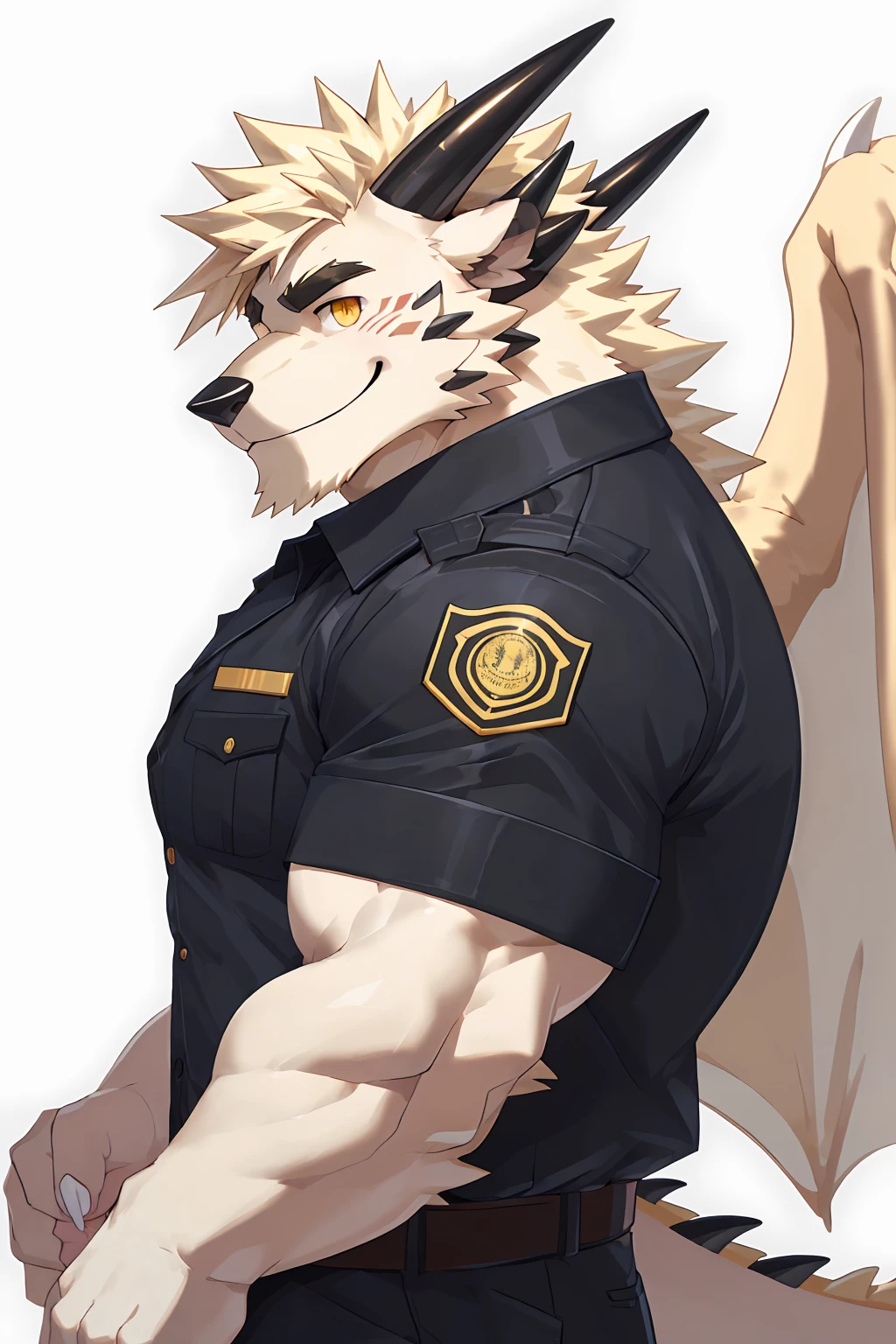 (sfw:1.5), male focus, security guard, Handsome 1boy, solitary，protrait photo, single, (White nails, White Paws:1.4), (Light blond hair:1.5), (Black and gold dragon wings, Huge black and gold dragon wings:1.3), Black and gold skin, (Black horn, Black curved corners:1.4), (Black body:1.3), (Pale blond chin, Pale golden neck:1.4), Pale golden chest, Light blond chest hair, (perfect golden eyes:1.4), (Black scales:1.3), (Black Hands, Black Hands臂, Black Hands指, Black head:1.4), 
Western Dragon, dragon, dragon boy, dragon body, (big eyes, large eyes:1.4), (Chubby face, The body is huge, Larger face:1.3), 
(Black short sleeve, White short-sleeved shirt, Black pants, Black leather belt:1.4), 
(Mature men:1.4), (Strong body, muscle,Strong male:1.3), (Thick arms:1.3), (cute:1.2), (Looking at the audience, Focus, Eyes gaze:1.2), (Smile:1.4), 
full background, Simple background, Pure white background, (Q version avatar:1.4),
Mysterious and romantic atmosphere, Caustic lines(refraction, polarization)Perfect anatomical structure, absurd, detailed back ground, Exquisite eyes,Printing Style。（artist:Takemoto Arashi）