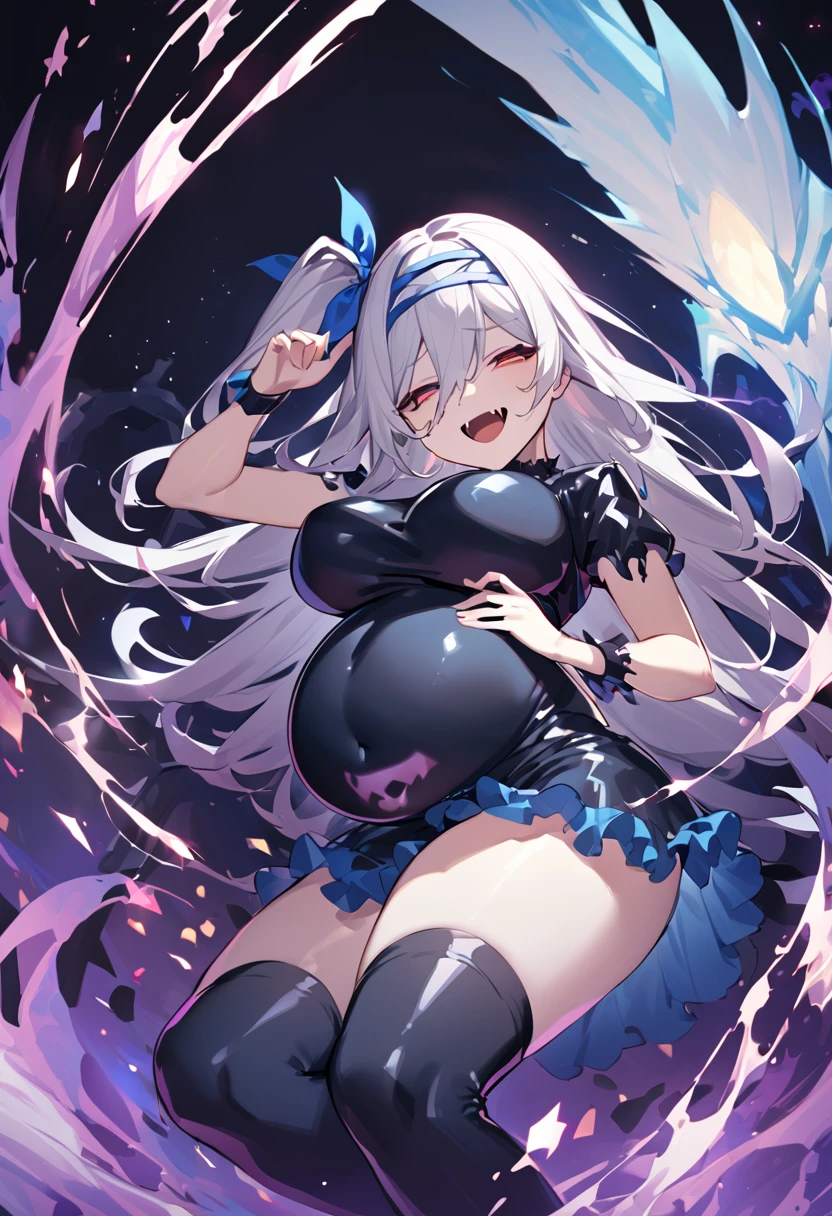 Wrist cuff, Blue Skirt, Black latex dress, Side Ponytail, Blue Boots, gem, hair band, Navy knee socks, Blue Ribbon, belly button, Floral Background, corruption, NTRGAO, Hollow Eyes, Half-closed eyes, Wicked Smile, No students, Crazy Smile, Open your mouth, One girl,  Dark Magical Girl,Huge mistake（Huge breasts：1.8)、