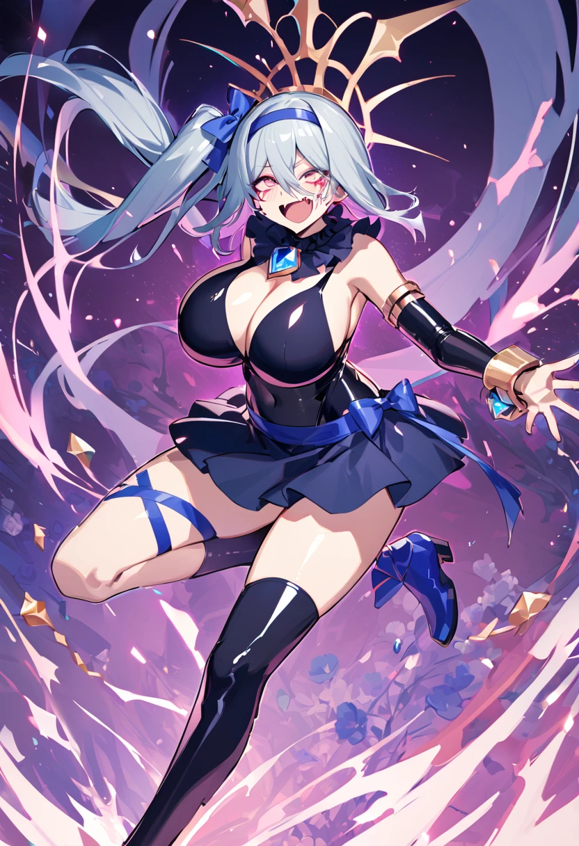 Wrist cuff, Blue Skirt, Black latex dress, Side Ponytail, Blue Boots, gem, hair band, Navy knee socks, Blue Ribbon, belly button, Floral Background, corruption, NTRGAO, Hollow Eyes, Half-closed eyes, Wicked Smile, No students, Crazy Smile, Open your mouth, One girl,  Dark Magical Girl,Huge mistake（Huge breasts：1.8)、