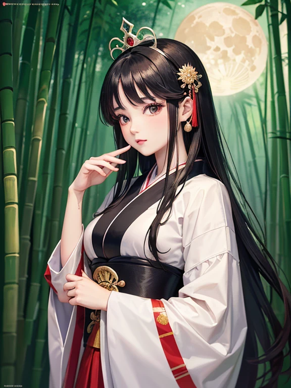 (Highest quality、 8k wallpaper、masterpiece、High resolution)、Vibrant colors、The Tale of the Bamboo Cutter、The Tale of Princess Kaguya、Elegant and beautiful woman with long black hair、Traditional costumes of Japan、12 Single layer costume、whole body、Detailed Background、Big Moon、bamboo forest、Detailed digital art、