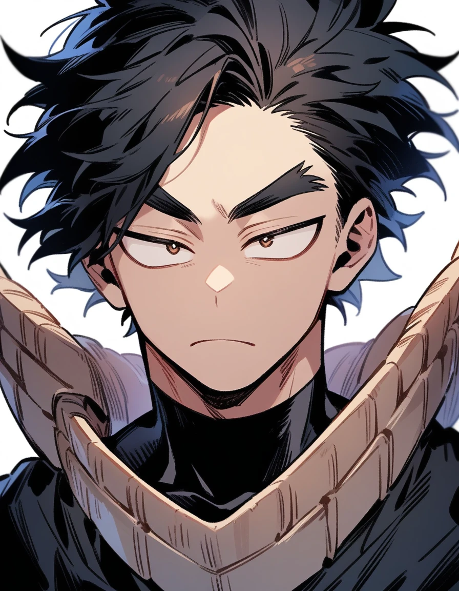 One boy, male focus, young, teen, boku no hero academia, Face portrait, Oval face, strong jaw and high cheekbones. Soft but marked features. Slightly almond-shaped eyes framed by long, straight eyelashes, deep gaze. Expression of concentration. Thick eyebrows. masterpiece. best quality. very aesthetic. proportionally anatomical. Detailed illustration, medium close up portrait. Black t-shirt.