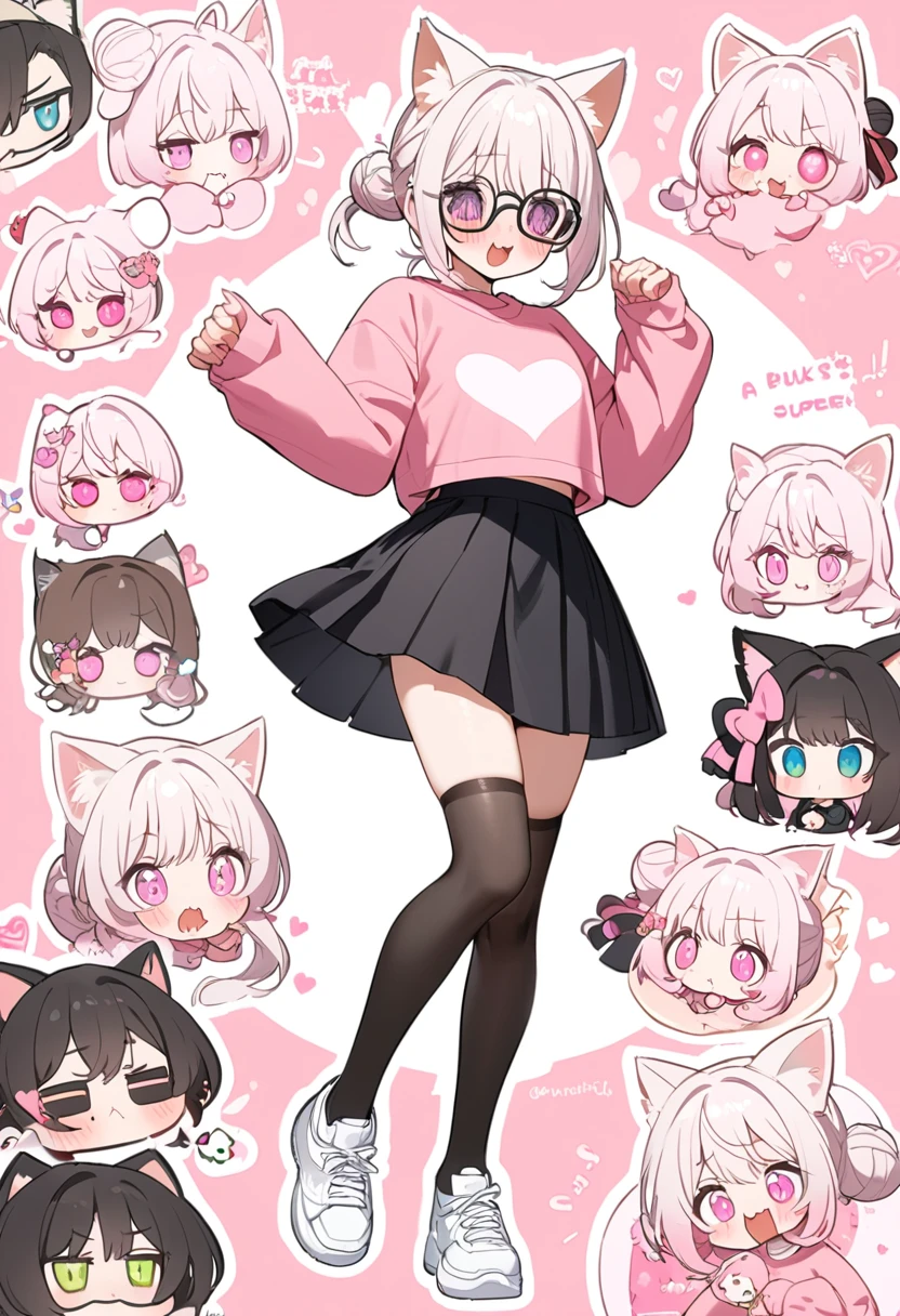 I have white pink hair, cat ears, a bun, my face is super blushing, black glasses, pink heart eyes, a big pink sweatshirt, a black skirt, black stockings, white shoes, a cat&#39;s tail, a girl. very shy that her parents are millionaires