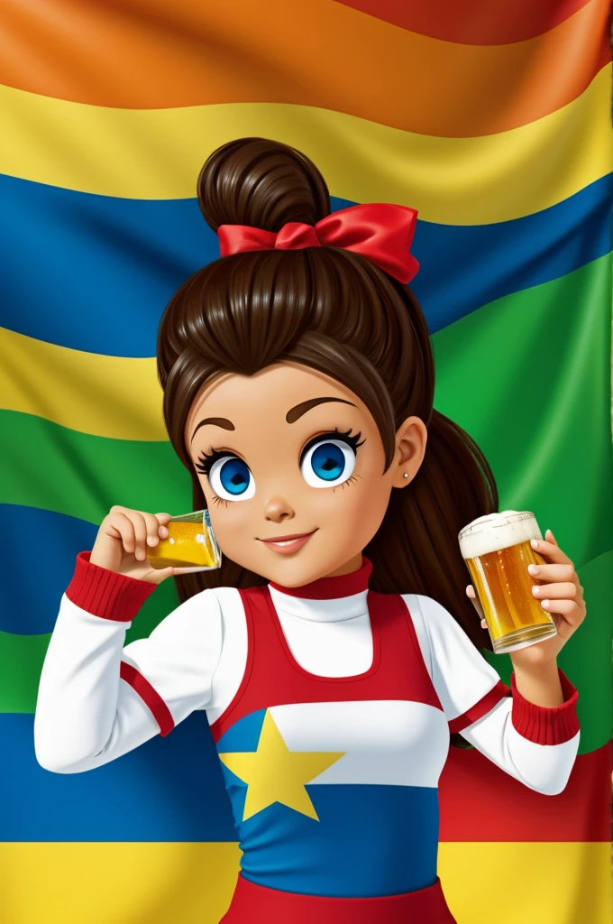 Powerpuff girl drinking beer waving the Colombian flag
