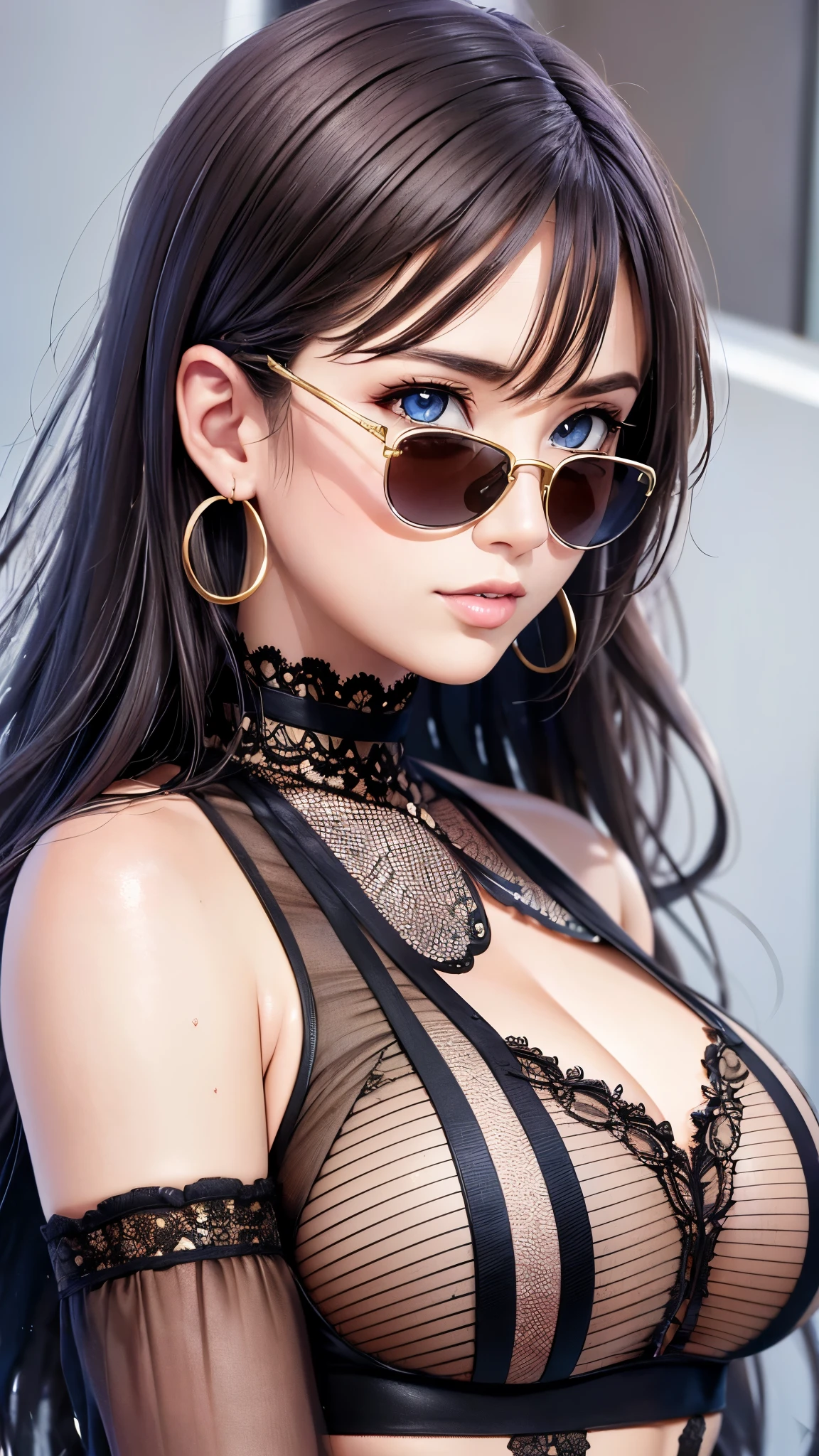 ((Highest quality)),(Ultra-high resolution),(Super detailed),(Detailed Description),((The best CG)),(masterpiece),Highly detailed art,(Art with precise detail:1.5), (Female Model:1.4),(Cool Beauty:1.5),stylish:1.6,(Light colored sunglasses:1.3),Discreet earrings:1.3, Street:1.6
