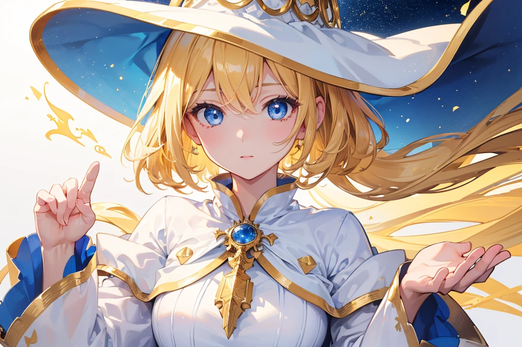 (Highest quality)　(4K)　(8k)　(High resolution)　(masterpiece:1.2)　(Super detailed)　One girl　short hair　witch　Blue Eyes　Long sleeve　Golden decoration　Hair between the eyes　White Dress　Wavy golden hair　Upper Body　(White Background)　front　Face close-up　Cast a spell　White hat