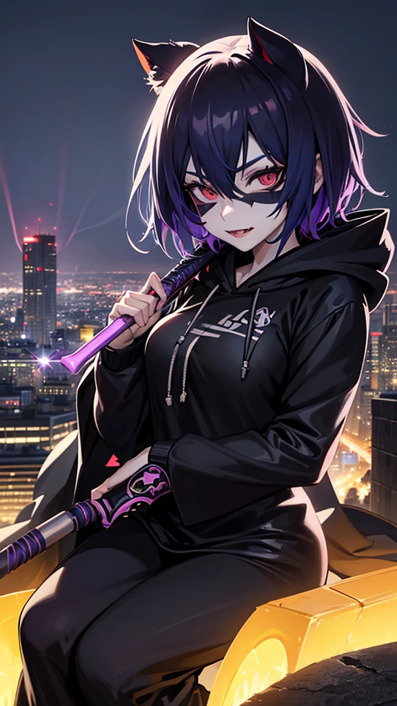 an anime female character wearing a HOODIE, and a cool joker mask, black robe, is sitting. above the city tower while holding a WEAPON, with realistic lighting effects, as well as effects, flying fireflies adding a realistic feel, with photo results, HDR, 8k, anime,