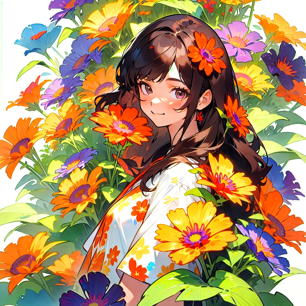 watercolor, 1girl, solo, flower, long hair, smile, shirt, looking at viewer, short sleeves, red flower, floral print, black hair, purple flower, yellow flower, white shirt, orange flower, bangs, upper body, plant, blue flower, leaf, closed mouth, traditional media, brown hair