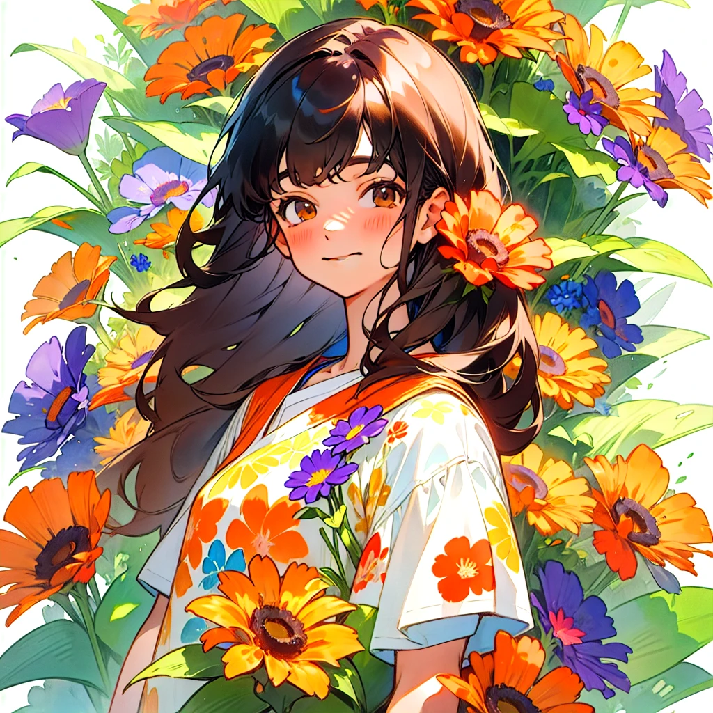 watercolor, 1girl, solo, flower, long hair, smile, shirt, looking at viewer, short sleeves, red flower, floral print, black hair, purple flower, yellow flower, white shirt, orange flower, bangs, upper body, plant, blue flower, leaf, closed mouth, traditional media, brown hair