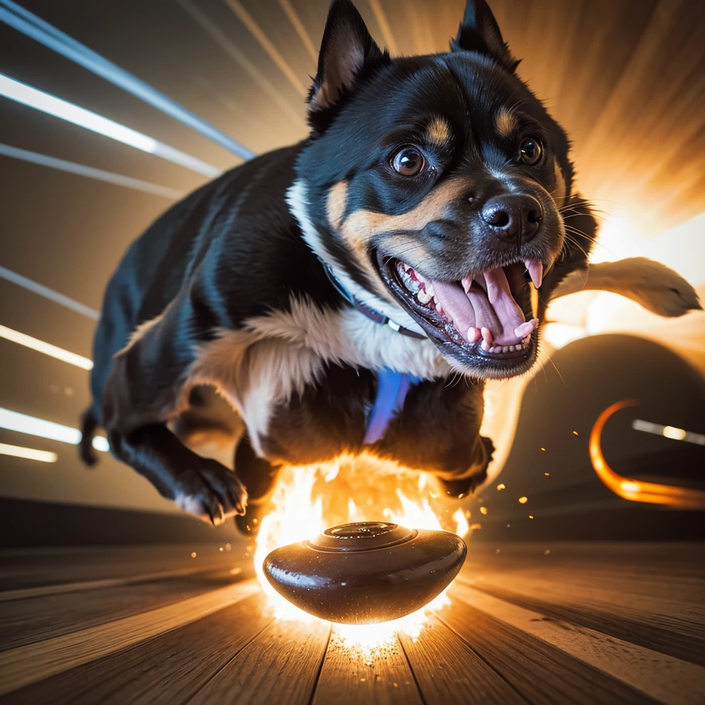 portrait of a angry dog breaking the sound barrier, fisheye, subwofer,