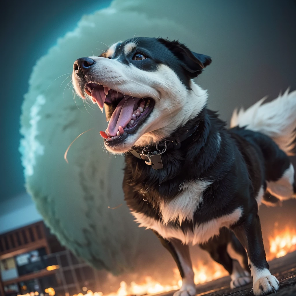 portrait of a angry dog breaking the sound barrier, fisheye, subwofer,