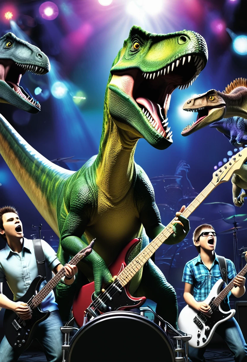 rock band with 3 dinosaurs