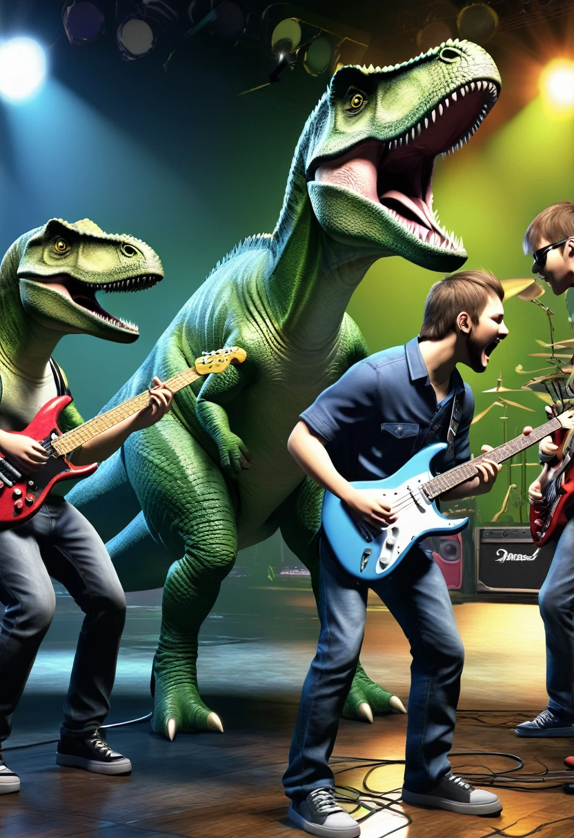 rock band with 3 dinosaurs