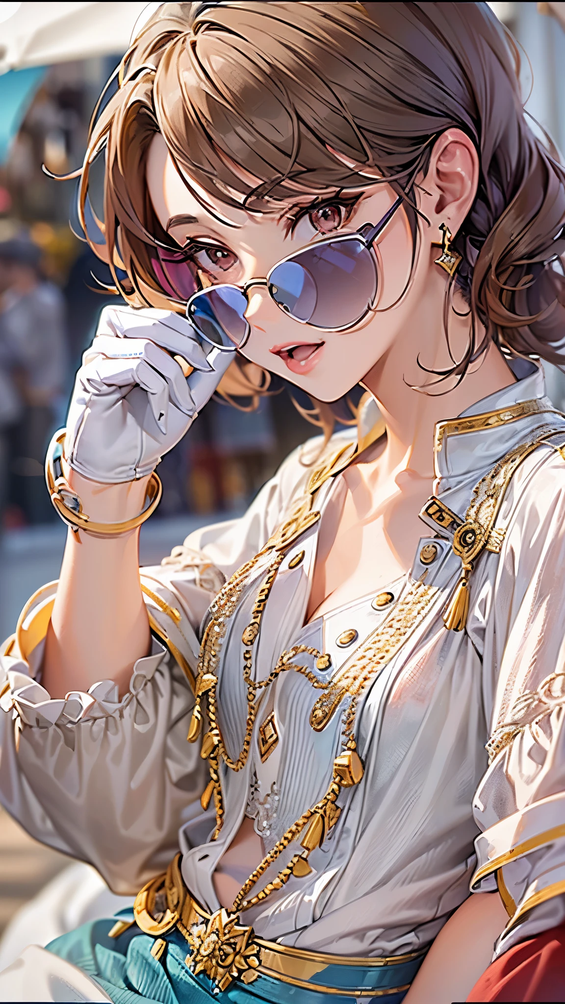 ((Highest quality)),(Ultra-high resolution),(Super detailed),(Detailed Description),((The best CG)),(masterpiece),Highly detailed art,(Art with precise detail:1.5), (Female Model:1.4),(Cool Beauty:1.5),stylish:1.6,(Light colored sunglasses:1.3),Discreet earrings:1.3, Street:1.6