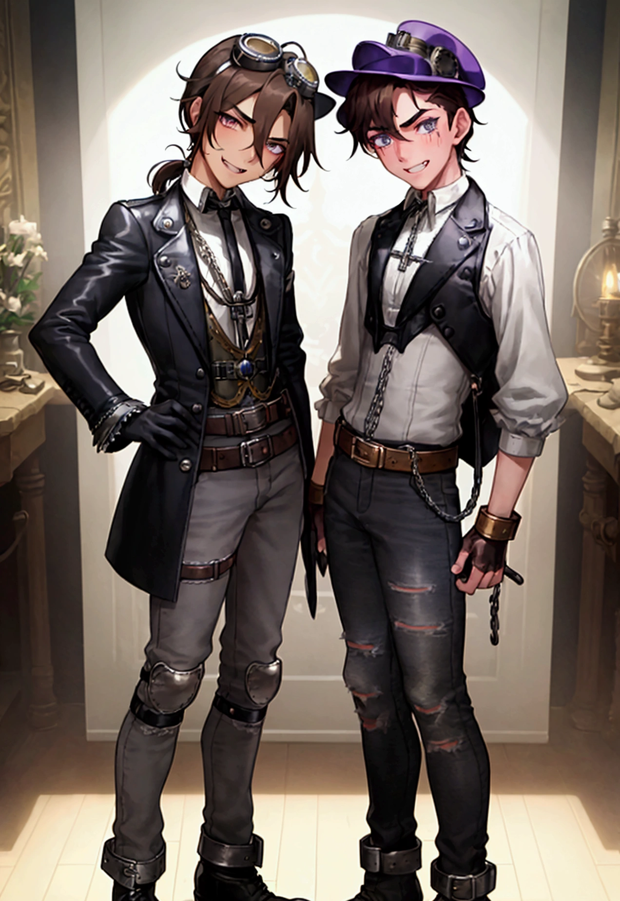 A Drawing with Identity V 2D style, with two boys, In the drawing you can see a: (( Person 1: 17-year-old white and freckled boy, short and wavy dark hair, light brown eyes and a Victorian Steampunk style suit, alchemist type, black gloves and Goggles on his head, He has feminine beauty and looks like a 14-year-old boy; )) + (( Person 2: is a boy 21 years old, with fair skin, messy brown hair is pulled into a short ponytail, with strands of hair sticking up from his head, thin, arched brown eyebrows, and warm grey eyes cross-stitched with black thread, the left of which is swollen purple, with a purplish-grey bruised eyelid obscuring half of his left eye, A tiny fang sticks out the left corner of his grinning mouth, revealing white teeth, He wears a slightly stained prisoner's shirt with a high collar and long, tapered sleeves, skinny jeans, and a leather belt with two satchels attached, in the left of which a hammer, some wire, rope, and a screwdriver are visible, and in the right of which a small wrench is visible. He also wears buckled leather boots with matching boot garters buckled up to his knees, and around his neck is a large metal shackle with a broken chain dangling from it. He also wears stained, filthy light grey cotton gloves with haphazard white stitching and thick cuffs, White linen bandages wrap around his neck and left forearm, A tear is visible in his left forearm, showing cotton stuffing. )) Person One is on top of Person 2 since he accidentally fell on top of him... Person Two is very surprised!; ((The background is a disorganized Victorian Steampunk workshop.)) 