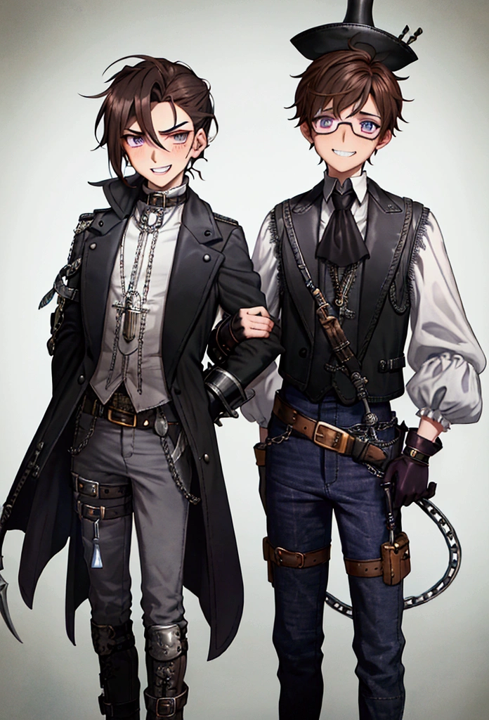 A Drawing with Identity V 2D style, with two boys, In the drawing you can see a: (( Person 1: 17-year-old white and freckled boy, short and wavy dark hair, light brown eyes and a Victorian Steampunk style suit, alchemist type, black gloves and Goggles on his head, He has feminine beauty and looks like a boy; )) + (( Person 2: is a boy 21 years old, with fair skin, messy brown hair is pulled into a short ponytail, with strands of hair sticking up from his head, thin, arched brown eyebrows, and warm grey eyes cross-stitched with black thread, the left of which is swollen purple, with a purplish-grey bruised eyelid obscuring half of his left eye, A tiny fang sticks out the left corner of his grinning mouth, revealing white teeth, He wears a slightly stained prisoner's shirt with a high collar and long, tapered sleeves, skinny jeans, and a leather belt with two satchels attached, in the left of which a hammer, some wire, rope, and a screwdriver are visible, and in the right of which a small wrench is visible. He also wears buckled leather boots with matching boot garters buckled up to his knees, and around his neck is a large metal shackle with a broken chain dangling from it. He also wears stained, filthy light grey cotton gloves with haphazard white stitching and thick cuffs, White linen bandages wrap around his neck and left forearm, A tear is visible in his left forearm, showing cotton stuffing. )) Person One is on top of Person 2 since he accidentally fell on top of him... Person Two is very surprised!; ((The background is a disorganized Victorian Steampunk workshop.))