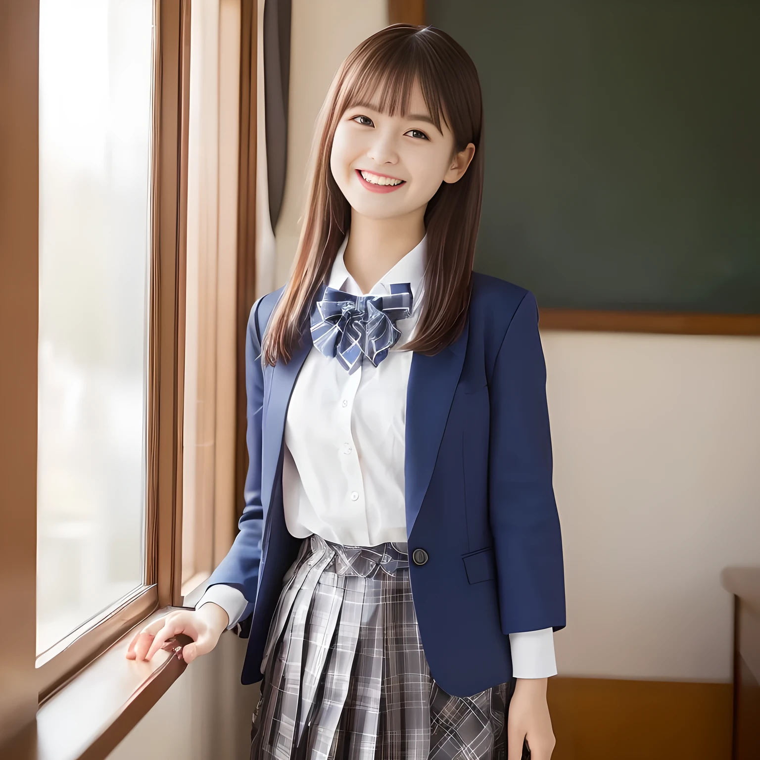 (Highest quality, masterpiece:1.2), Highest quality, High resolution, 1080P, 8k, height: 158cm, ((A noble, graceful and intelligent girl who looks like a best proportion Japanese young lady is turning around and giggling in a strong wind)), ((So sweet, very noble, neat, and pretty Japanese beautiful cute girl)), ((A real, very girly, sweet, cute and noble girl)), ((((A beautiful Japanese cute fashion model)))), ((((Very pure white face and limbs)))), Glossy Lips, (Evenly cut bangs), ((Very beautiful, droopy, cute, pure, noble brown eyes)), ((Super long, black straight hair that reaches the floor)), (Very shiny, glossy Lips), ((Beautiful straight hair like a school promotion model)), Watch at you, ((Incredibly well organized, Rich facial expressions)), ((Plump and beautiful white skin and face)), ((Pure, clear, gentle brown eyes)), ((staring at me)), Glossy Lips, ((noble and elegant)), Very beautiful blue skirt, ((Large upward-curving lips)), White Hand, ((((Navy Japanese school blazer with noble golden emblem)))), ((Navy and sapphire blue Japanese school uniform)), ((Tartan check pattern pleated long skirt)), ((Cobalt blue string chest ribbon)), ((((An ecstatic expression of boundless joy)))), ((plain white background)), ((perfect body)), (((hair beauty magazine for young girls)))