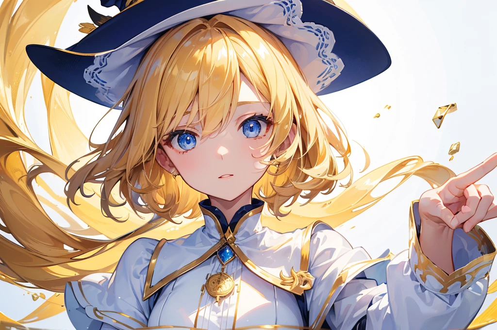 (Highest quality) (4K) (8k) (High resolution) (masterpiece:1.2) (Super detailed) One girl short hair witch Blue Eyes Long sleeve Golden decoration Hair between the eyes White Dress Wavy golden hair Upper Body (White Background) front Face close-up Cast a spell White hat