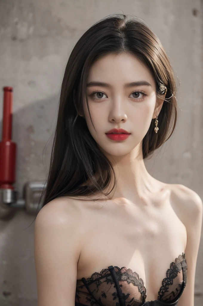 (((best quality))),(((ultra detailed))),(((masterpiece))),illustration,((1 beautiful girl,solo)),((slim,thin)),((small breasts,flat chest)),(shoulder length straight hair:1.2),summer afternoon,((unfinished concrete room,alluring,gray walls)),(strapless black lace bra:1.3),seductive,elegant,full bosom,fair skin,golden strands,delicate features,deep brown eyes,mischief,mystery,enchanting smile,vibrant red lips,serene beauty,self-assuredness,industrial ambiance,raw cement walls,exposed pipes,sexuality,allure,refined beauty,compelling visual narrative,seductive gaze,elegant posture,industrial backdrop,lasting impression,((from front,close-up of face))