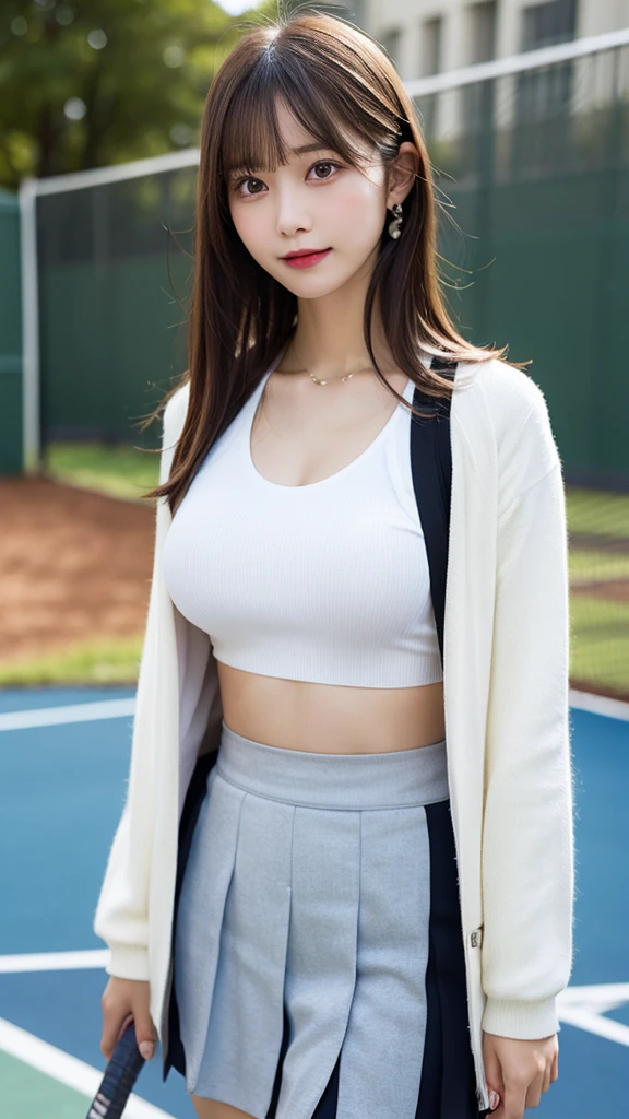high-level image quality, masutepiece, Best Quality, Young woman in perfect style, Ultra-detailed, finely detail, hight resolution, 8K Wallpapers, Perfect dynamic composition, Beautiful detailed eyes, Medium Hair, (Colossal tits:1.2), Natural Color Lip, Smile, sport uniform, See-through wear based on white, tennis coat, Tennis Wear, (Tight abs:1.1), blurry backround, ((big breasts thin waist)), a short skirt, skinny thigh, Natural hair with bangs, Brightly colored clothing